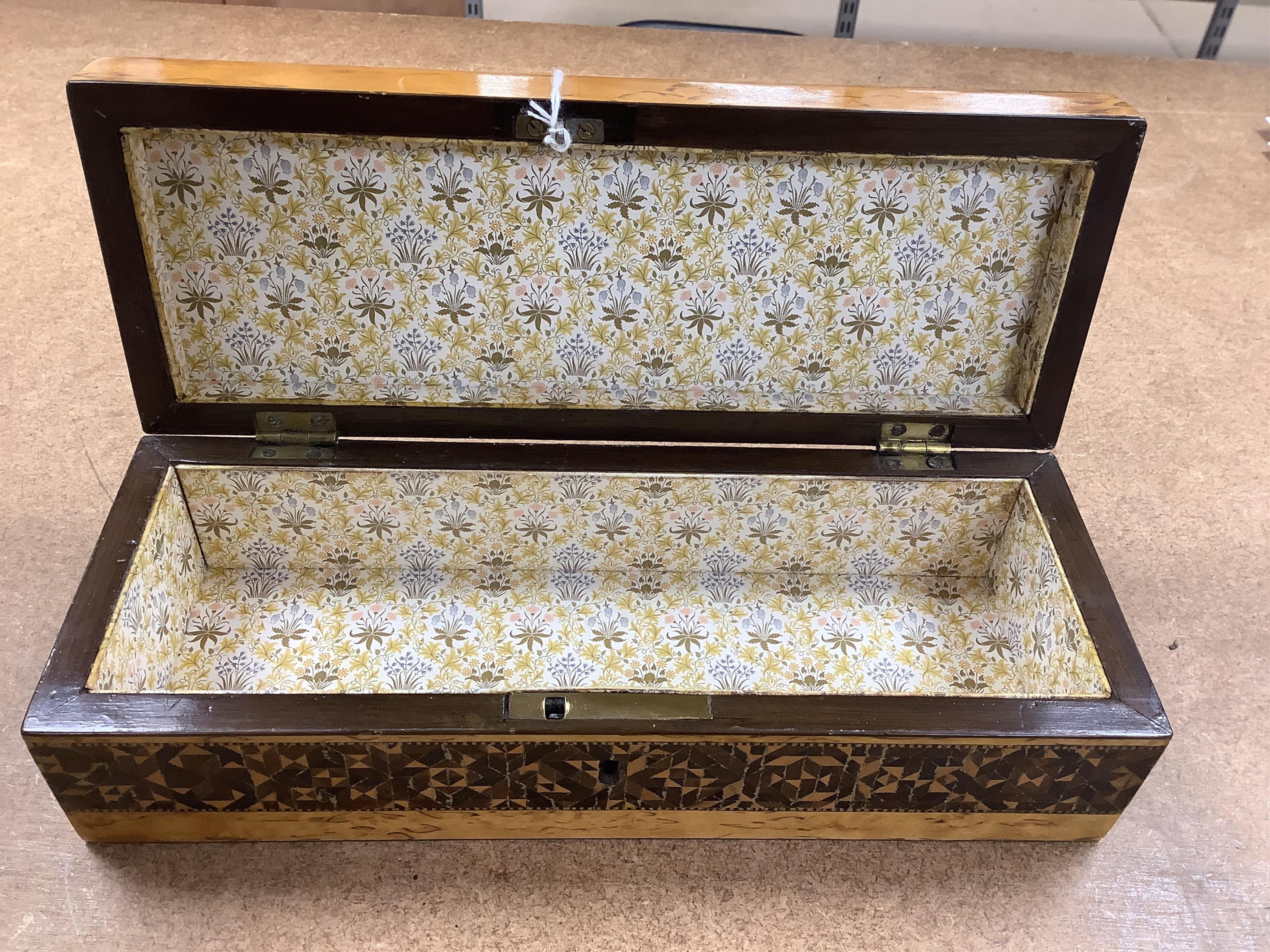 Two Tunbridgeware bird's eye maple half square mosaic glove boxes, c.1825-40, one with key, 24cm. Condition - fair to good